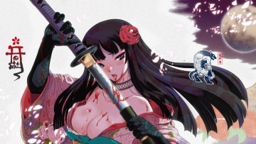 Картинка аниме weapon blood technology катана кровь девушка кимоно
