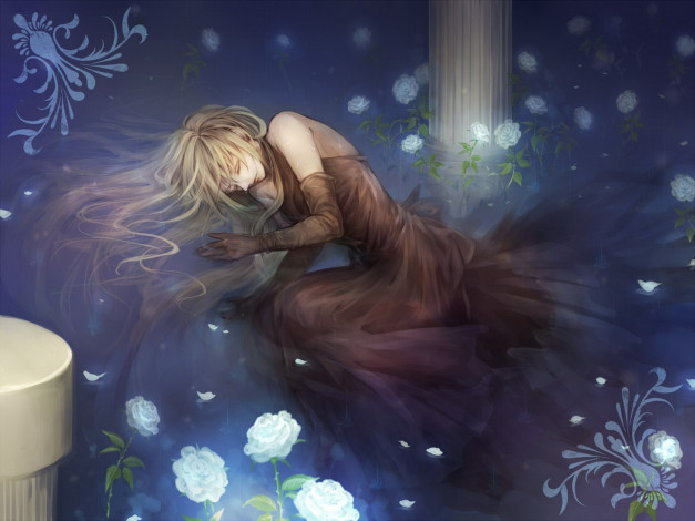 Обои картинки фото аниме, *unknown, другое, синева, цветы, девушка, платье