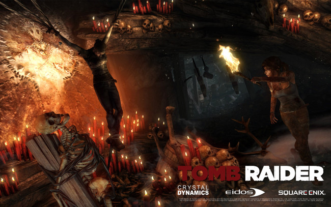 Обои картинки фото tomb, raider, lara, croft, reborn, видео, игры, 2013, черепа, свечи, скелет