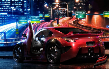 Картинка nissan 350z автомобили виртуальный тюнинг красный шоссе небоскребы