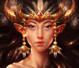 Картинка фэнтези существа лицо девушка арт перья украшения рога ушки