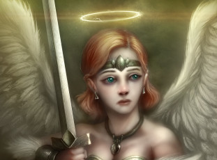 Картинка фэнтези ангелы арт девушка ангел крылья нимб меч