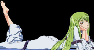 Картинка аниме code+geass девушка лежит зелёные волосы чёрный фон код гиас взгляд