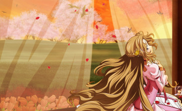 Картинка аниме code+geass код гиасс тюль русые волосы шатенка девушка деревья цветение сакура занавески поле окно