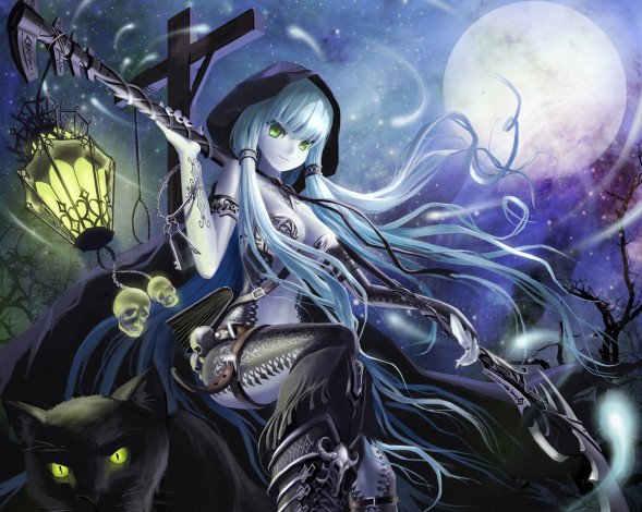 Обои картинки фото аниме, -halloween & magic, ost02, арт, кошка, девушка, фонарь, луна, ночь, крест, черепа