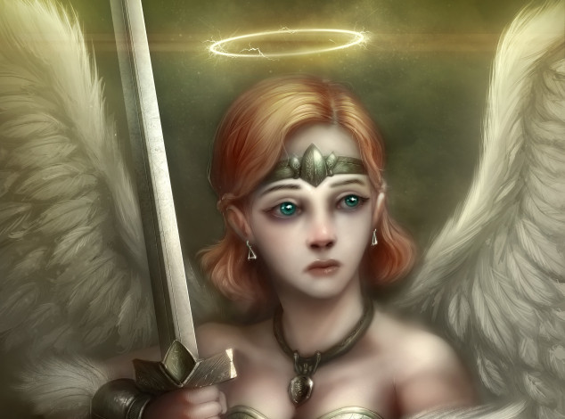 Обои картинки фото фэнтези, ангелы, арт, девушка, ангел, крылья, нимб, меч