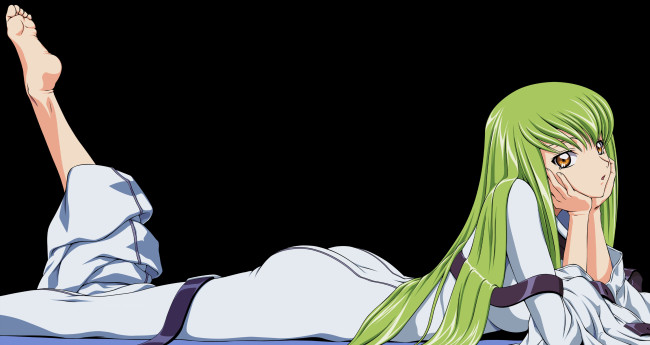Обои картинки фото аниме, code geass, девушка, лежит, зелёные, волосы, чёрный, фон, код, гиас, взгляд