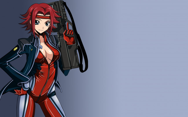 Обои картинки фото аниме, code geass, красные, волосы, оружие, девушка, код, гиас