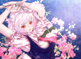 Картинка аниме touhou цветы бантики косички оружие ножи девушка izayoi sakuya apricot арт