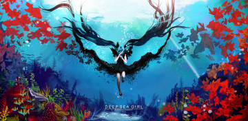 Картинка аниме vocaloid вода дно рыбы пузырьки коралловый риф арт arcan-anzas hatsune miku океан волосы чёрное платье девушка