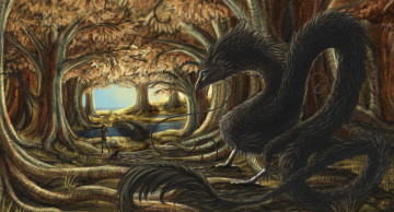 Картинка рисованное животные +сказочные +мифические девушка взгляд фон собачка лес река мост дракон