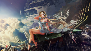 Картинка аниме музыка девушка шар планета технологии сфера металлолом шарф наушники платье кандалы облака небо ushas