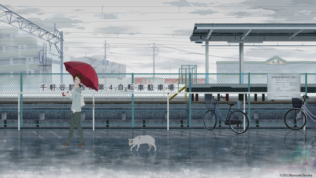 Обои картинки фото аниме, город,  улицы,  здания, забор, tanaka, ryosuke, велосипед, арт, кот, зонт, девушка, дождь