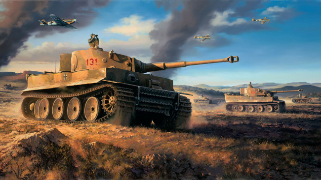 Обои картинки фото рисованное, армия, танк, nicolas, trudgian, северная, африка, pz-kpfw-, vi, тяжелый, tiger, тигр