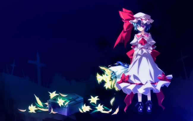 Обои картинки фото аниме, touhou, remilia, scarlet, motomiya, mitsuki, цветы, лилии, арт, девушка