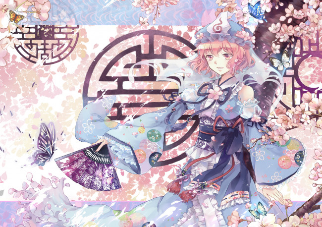 Обои картинки фото аниме, touhou, девушка, веер, арт, ekira, nieto, saigyouji, yuyuko, цветы