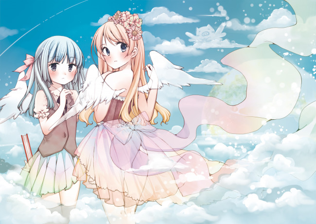 Обои картинки фото аниме, ангелы,  демоны, облака, девушки, арт, небо, tagme, artist