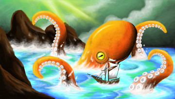 Картинка рисованное животные осьминог море корабль