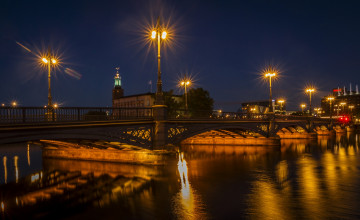Картинка стокгольм города стокгольм+ швеция водоем мост фонари здания ночь