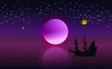 Картинка 3д+графика море+ sea звезды корабль луна ночь