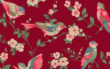 Картинка векторная+графика птицы+ птицы ветка цветы