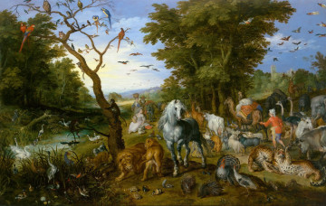 обоя рисованное, живопись, Ян, брейгель, старший, картина, ной, собирает, животных, для, ковчега, мифология