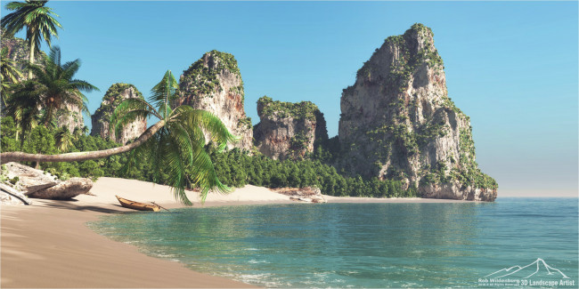 Обои картинки фото 3д графика, природа , nature, лодка, море, пальмы, скалы