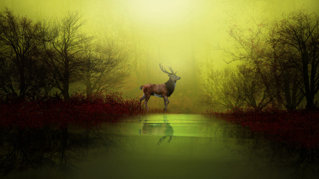 Обои картинки фото рисованное, животные,  олени, лес, река, туман, олень