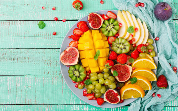 Картинка еда фрукты +ягоды манго colorful sweet апельсин fruits fresh виноград клубника tropical summer wood berries ягоды киви strawberry