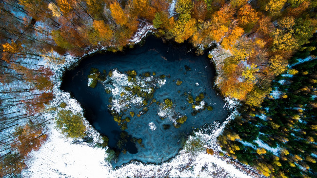 Обои картинки фото природа, реки, озера, осень, деревья, зима, снег, вид, сверху, краски, озеро