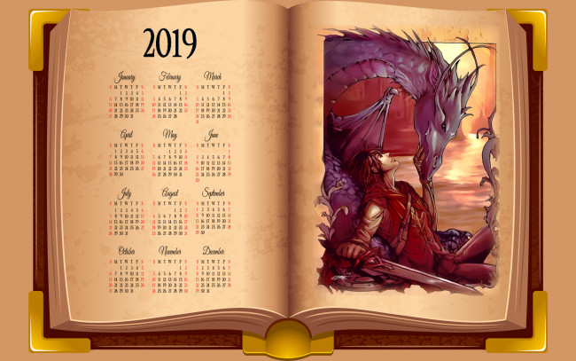Обои картинки фото календари, фэнтези, calendar, человек, мужчина, дракон, книга, 2019