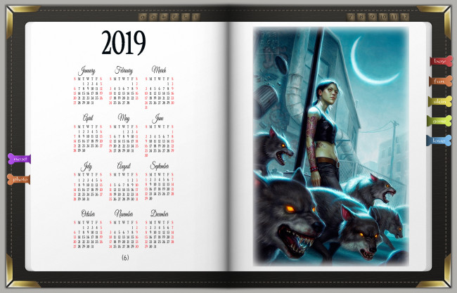 Обои картинки фото календари, фэнтези, 2019, calendar, женщина, книга, девушка, оборотень, волк