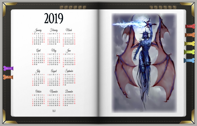Обои картинки фото календари, фэнтези, крылья, calendar, 2019, девушка, книга, оружие