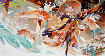 Картинка аниме животные +существа девушка зонт рыбы