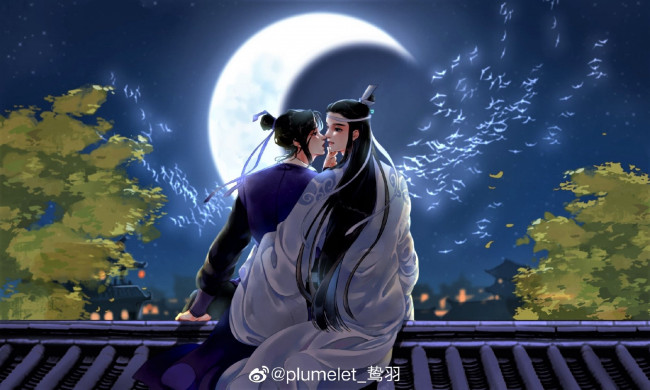 Обои картинки фото аниме, mo dao zu shi, лань, сичэнь, цзян, чэн, крыша, луна