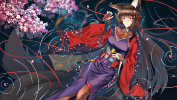 Картинка аниме azur+lane девушка ушки кимоно сакура магия