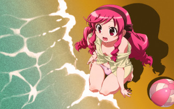 Картинка kanamemo аниме девушка нижнее+белье рубашка море вода песок пляж мяч лента бант улыбка