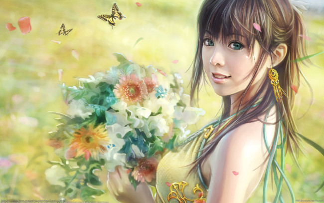 Обои картинки фото фэнтези, девушки, цветы, бабочки