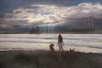 Картинка 3д+графика люди+ people собака девушка корабль кошка берег