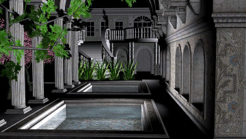 Картинка 3д+графика реализм+ realism интерьер растение колоны бассейн