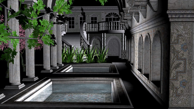 Обои картинки фото 3д графика, реализм , realism, интерьер, растение, колоны, бассейн
