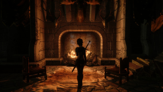 Обои картинки фото видео игры, the elder scrolls v,  skyrim, девушка, оружие, камин, фон, взгляд