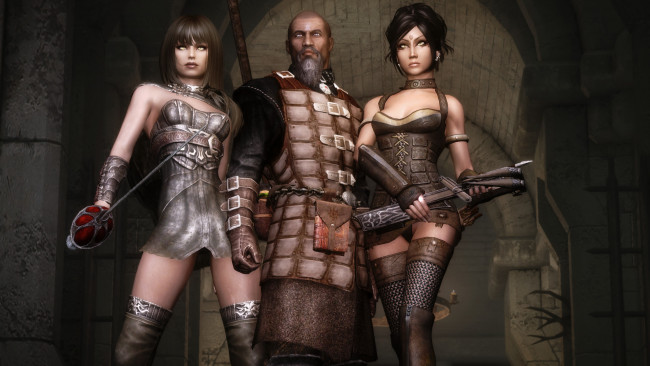 Обои картинки фото видео игры, the elder scrolls v,  skyrim, мужчина, оружие, фон, взгляд, девушки
