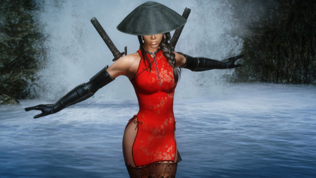 Обои картинки фото видео игры, the elder scrolls v,  skyrim, оружие, фон, водопад, взгляд, девушка