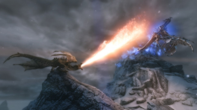 Обои картинки фото видео игры, the elder scrolls v,  skyrim, огонь, драконы, горы