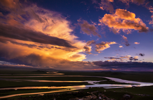 Обои картинки фото природа, восходы, закаты, река, вечер, облака, тибет