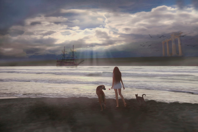 Обои картинки фото 3д графика, люди , people, собака, девушка, корабль, кошка, берег