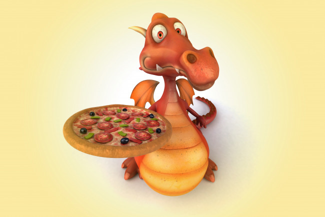 Обои картинки фото 3д графика, юмор , humor, дракон, pizza, dragon, funny