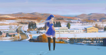 Картинка аниме город +улицы +здания зима девушка дома
