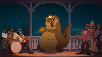 обоя мультфильмы, the princess and the frog, крокодил, люди, труба, барабан